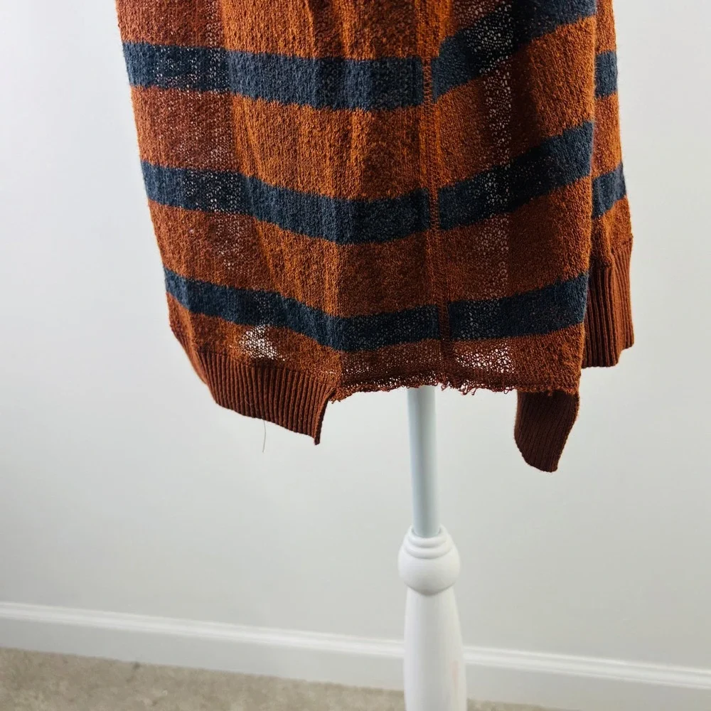 Free People We The Free Striped V-Neck Sweater Rust Brown Grey XS Open Knit Boho